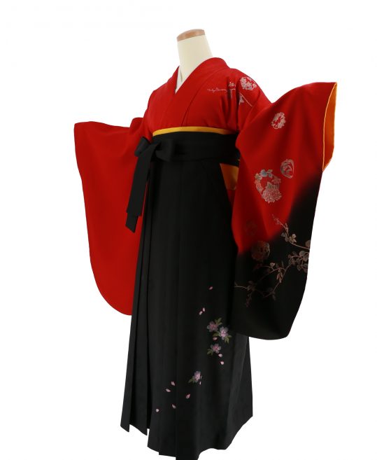 卒業式袴レンタルNo.421[Lサイズ][クール]赤×黒グラデ・花の丸｜着物 ...